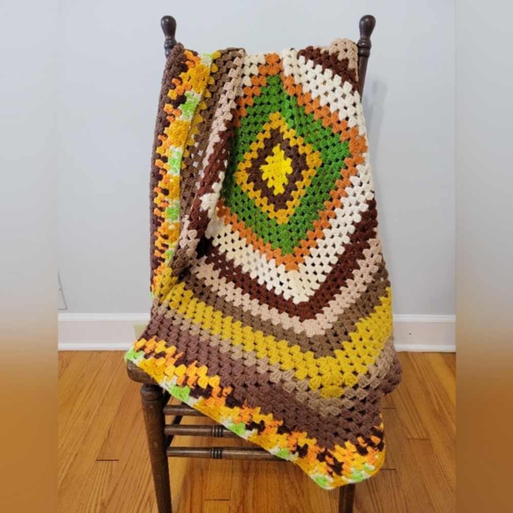Handmade Crochet Granny Square Afghan Throw Blanket Earthy‎ Greens & Browns Fall